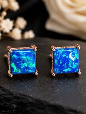 Lab Created Blue Opal Stud Earrings Rose Gold Over 925 Sterling Silver